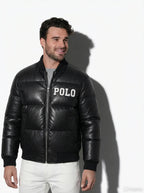 Men’s Black Faux Leather Puffer Jacket with Embroidered Patches Duazan