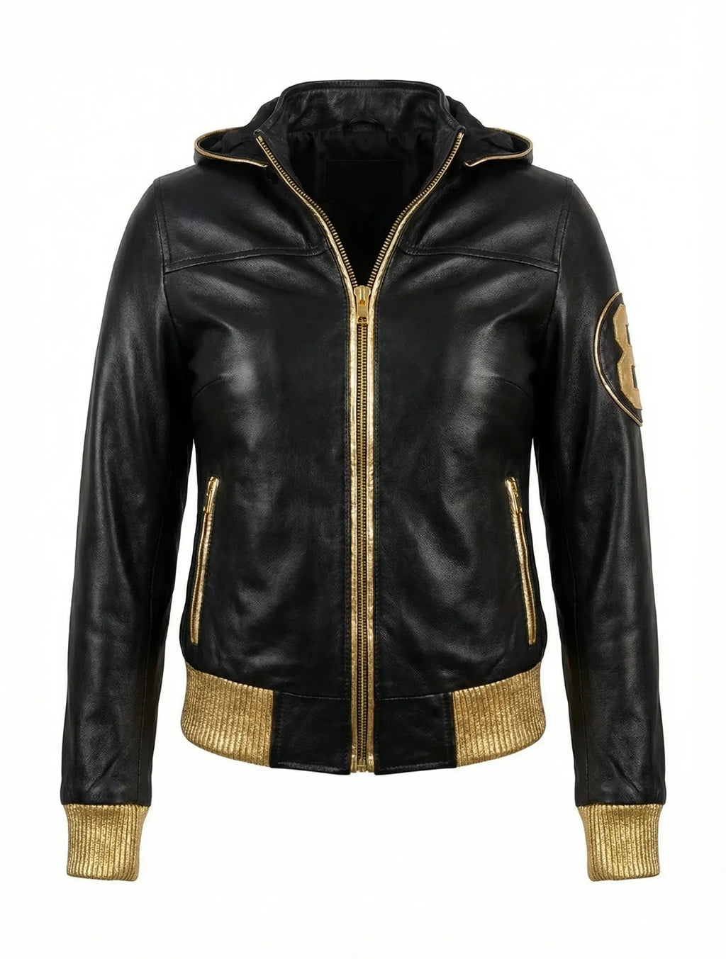 Duazan 8 Ball Hooded Leather Jacket – Black & Gold Edition Mens & Women outerwear
