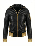 Duazan 8 Ball Hooded Leather Jacket – Black & Gold Edition Mens & Women outerwear