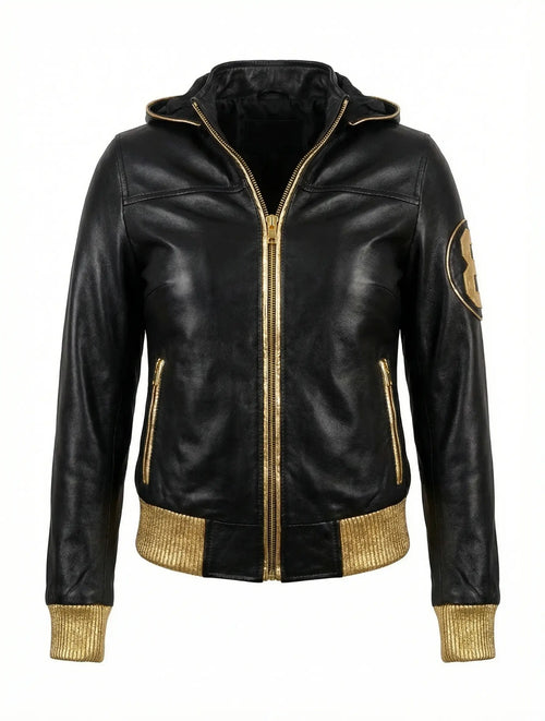 Duazan 8 Ball Hooded Leather Jacket – Black & Gold Edition Mens & Women outerwear