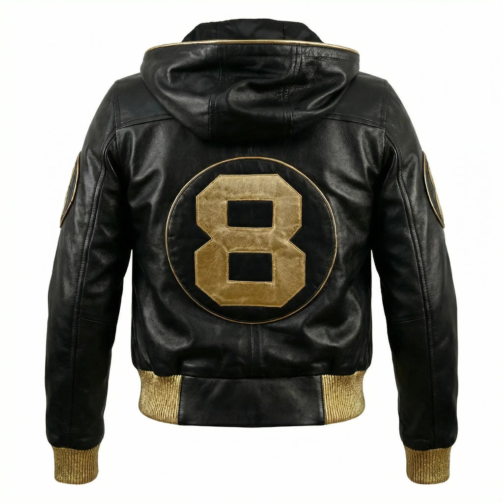 Duazan 8 Ball Hooded Leather Jacket – Black & Gold Edition Mens & Women outerwear