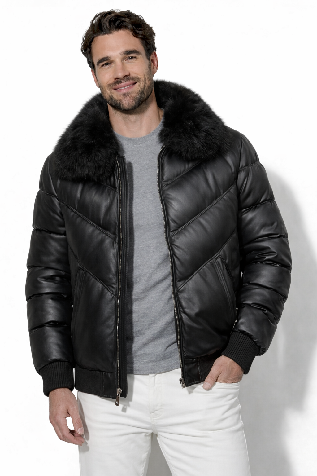 DUAZAN Black Arrows Fur Collar Leather Puffer Jacket Duazan