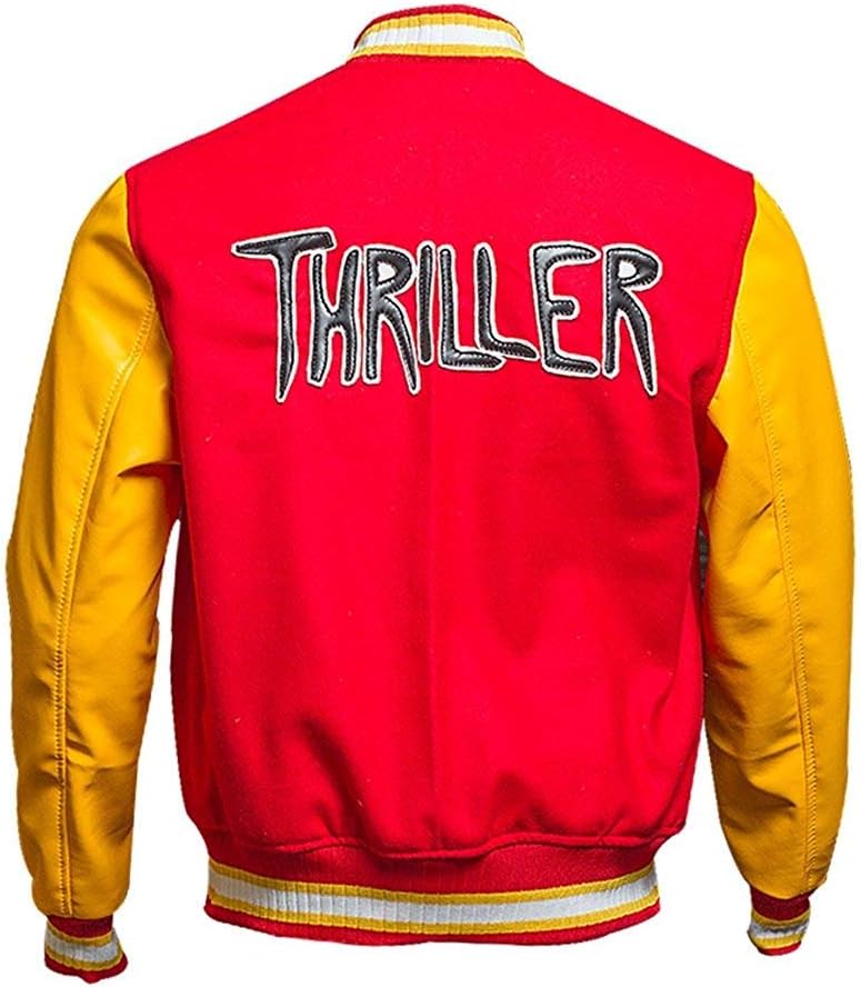 Duazan Thriller MJ Jacket - Red Wool Yellow Leather Varsity Letterman Bomber Jacket - Duazan