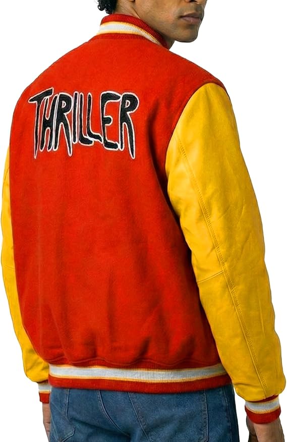 Duazan Thriller MJ Jacket - Red Wool Yellow Leather Varsity Letterman Bomber Jacket - Duazan