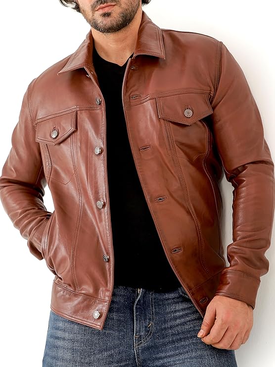 Duazan Men’s Lambskin Leather Trucker Jacket – Premium Genuine Leather - Duazan