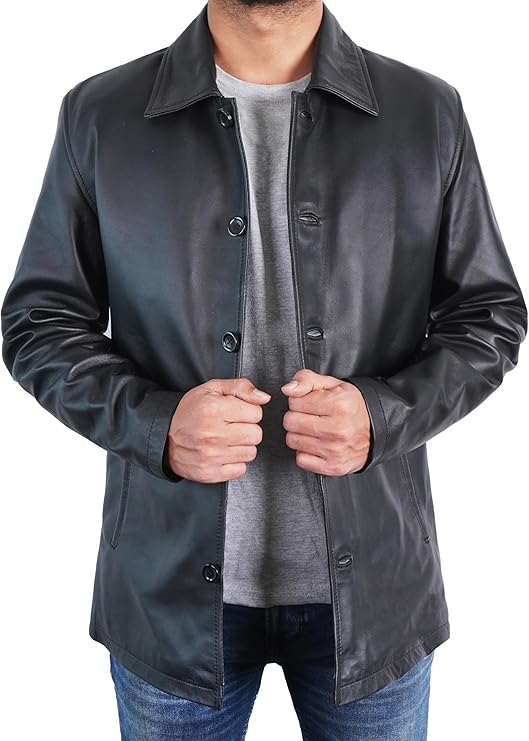 Duazan Men’s Brown Black  Lambskin Leather Car Coat for Men