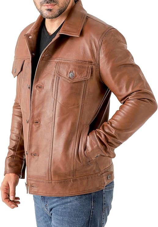Duazan Men’s Lambskin Leather Trucker Jacket – Premium Genuine Leather - Duazan