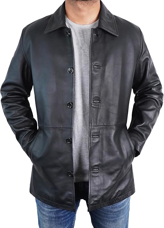 Duazan Men’s Brown Black  Lambskin Leather Car Coat for Men