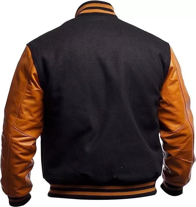 Duazan Men’s Black Wool Varsity Jacket with Brown Leather Sleeves – Classic Letterman Style - Duazan