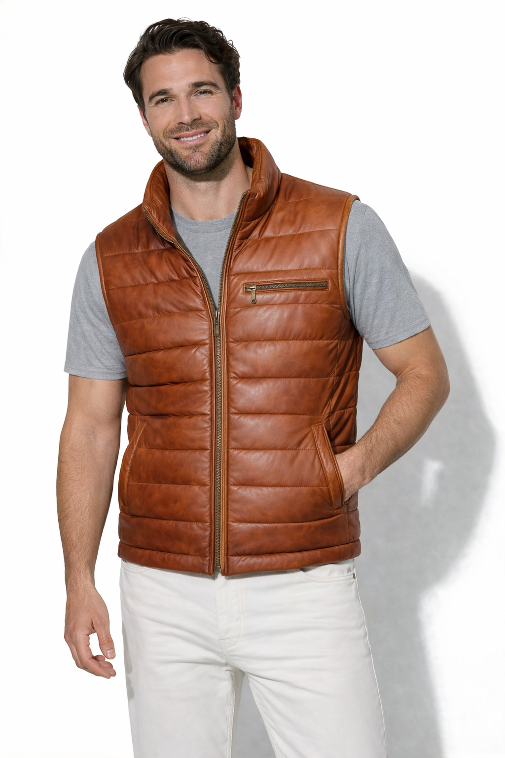 DUAZAN Men’s Cognac Brown Leather Puffer Vest – Premium Quilted Insulated Outerwear