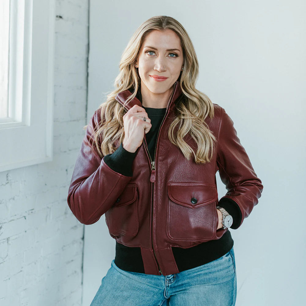 DUAZAN Handmade Women’s Sheepskin Leather Flight Jacket – Burgundy