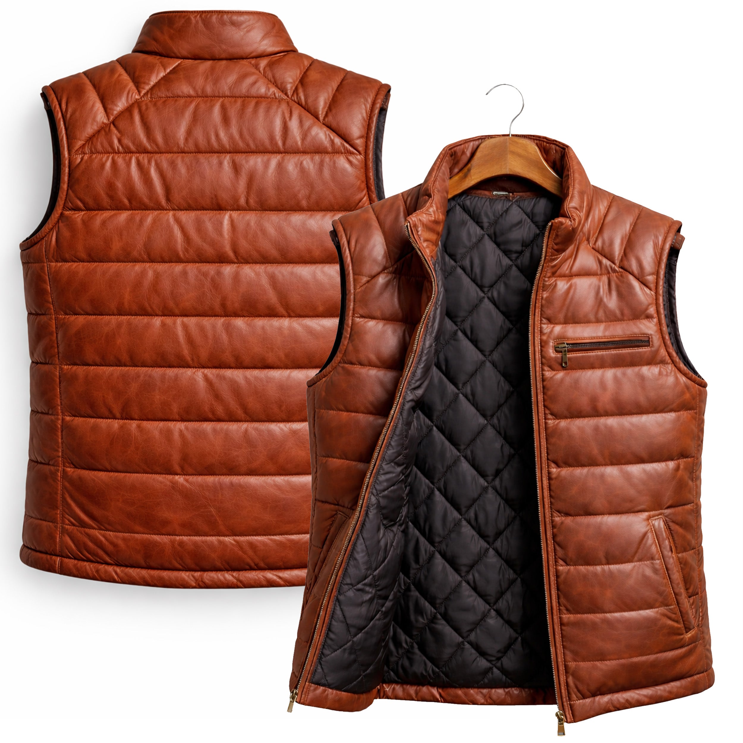 DUAZAN Men’s Cognac Brown Leather Puffer Vest – Premium Quilted Insulated Outerwear