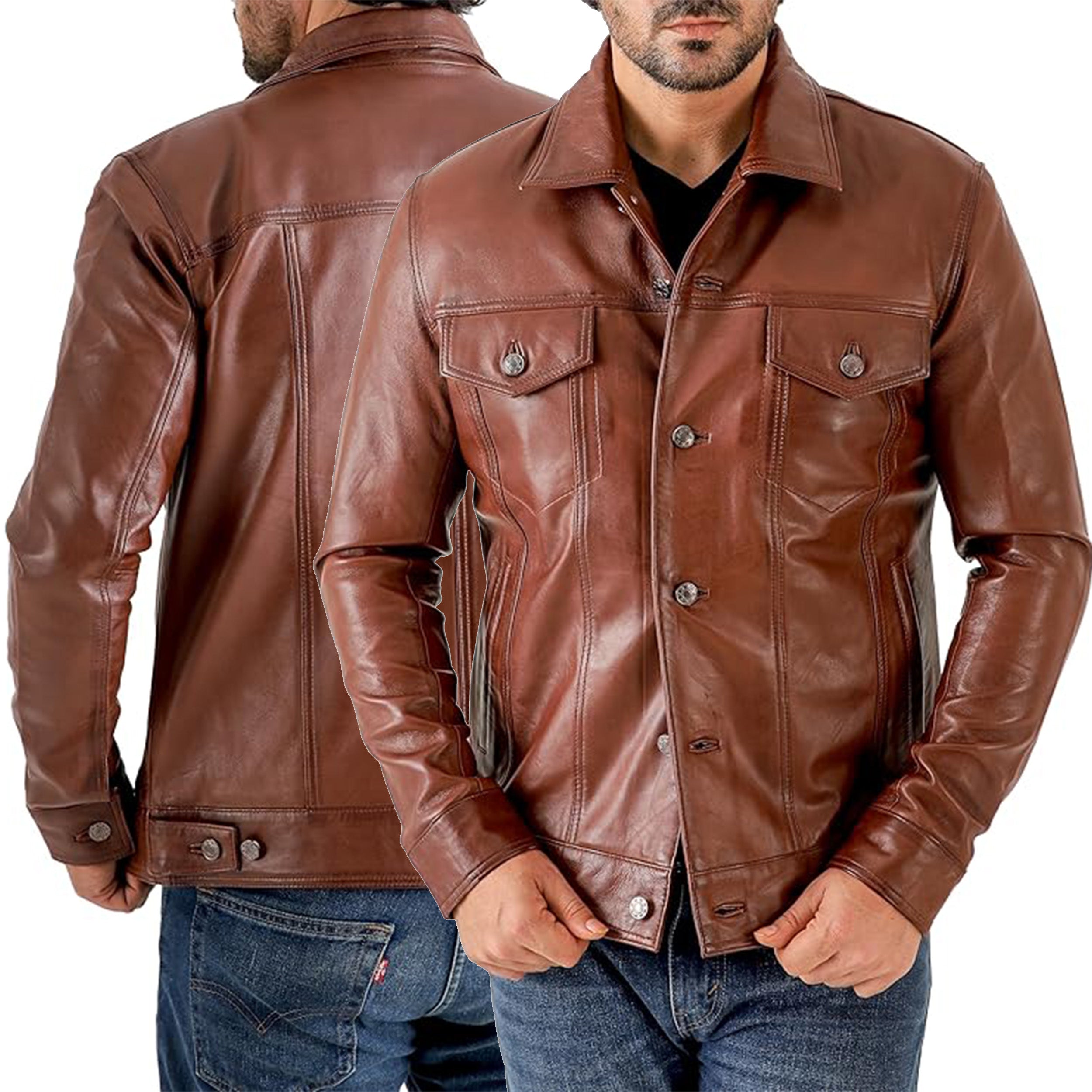 Duazan Men’s Lambskin Leather Trucker Jacket – Premium Genuine Leather - Duazan