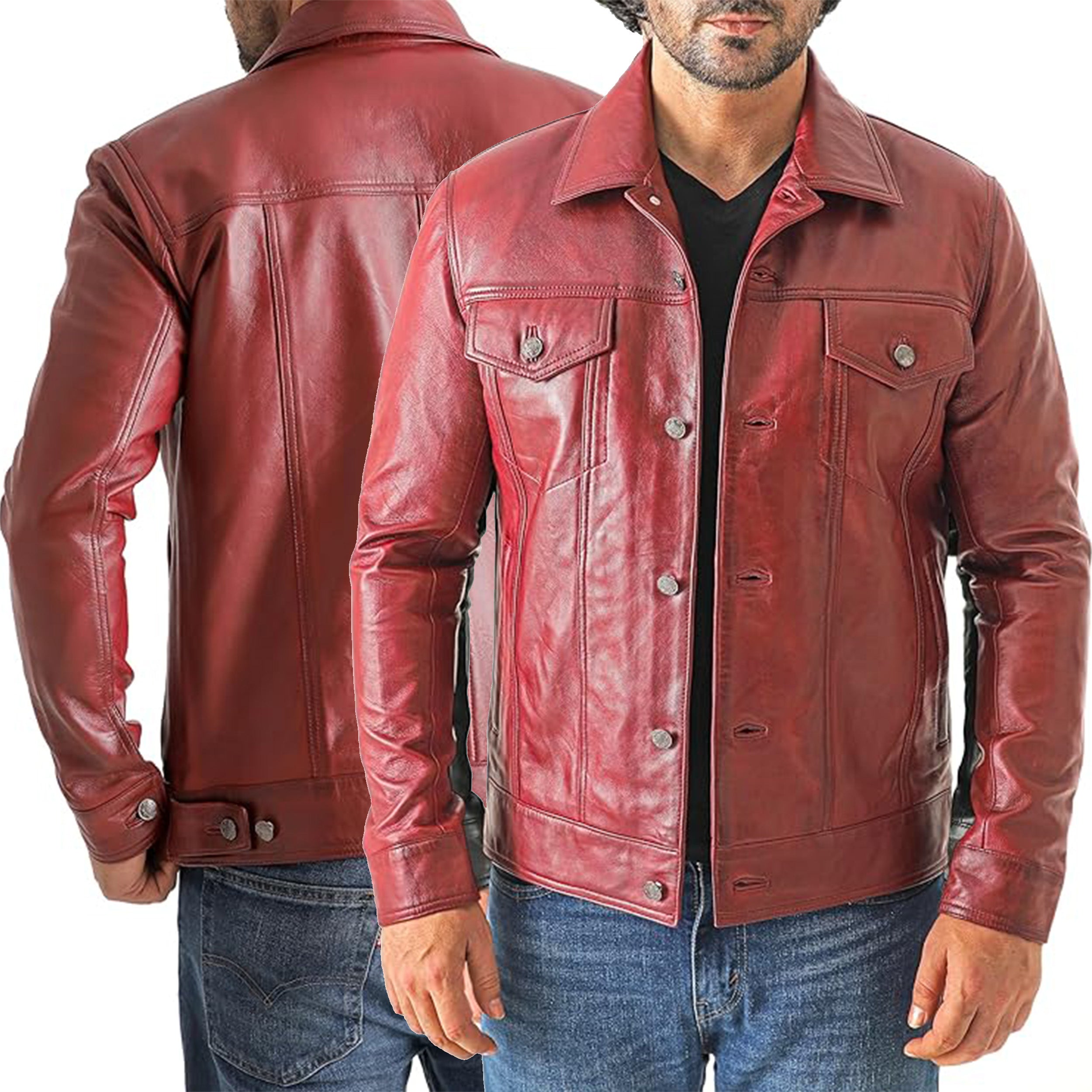Duazan Men’s Lambskin Leather Trucker Jacket – Premium Genuine Leather - Duazan