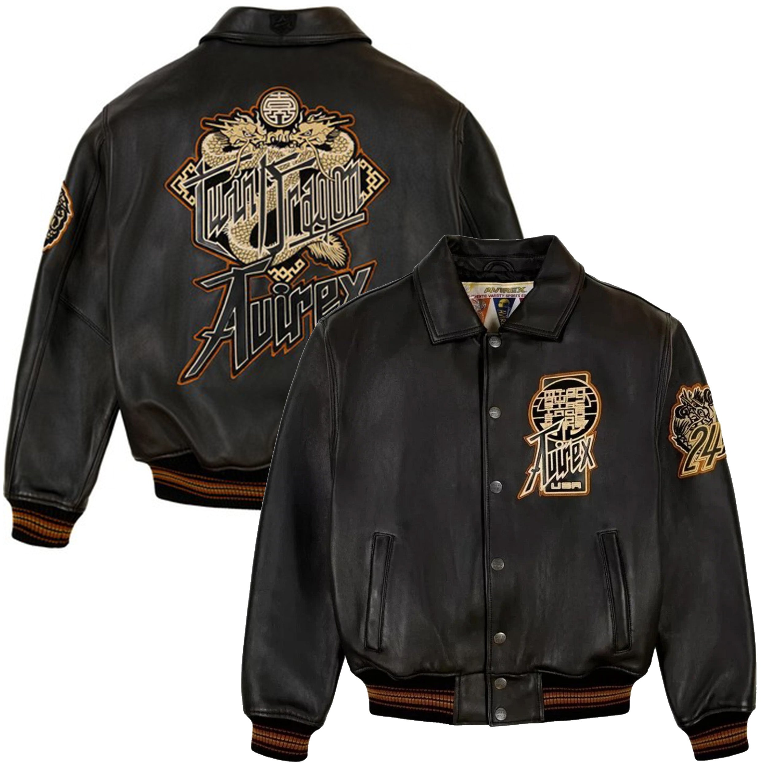 Avirex Black Real Leather Varsity Jacket – Premium Streetwear Style