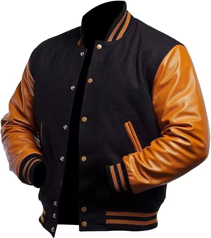 Duazan Men’s Black Wool Varsity Jacket with Brown Leather Sleeves – Classic Letterman Style - Duazan