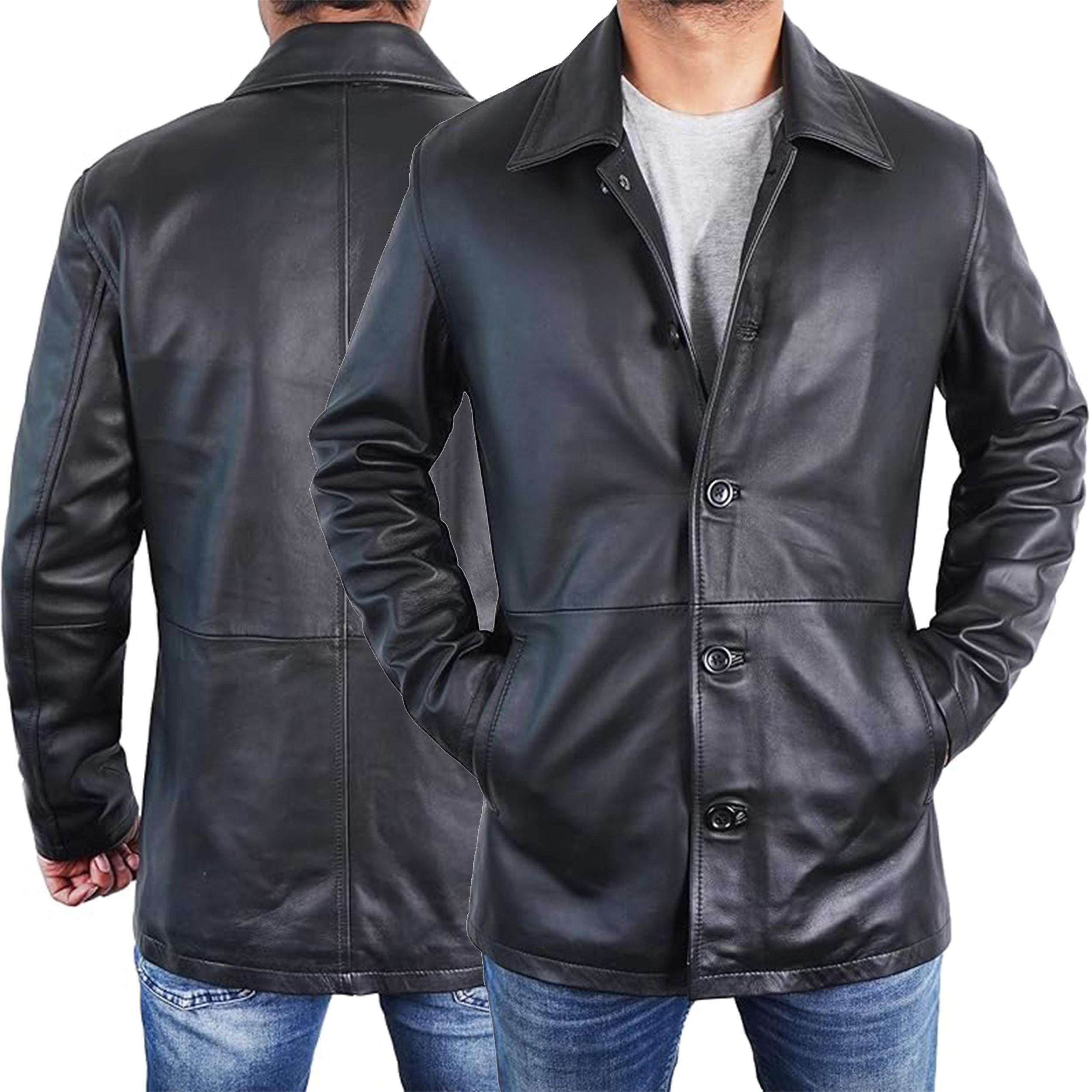 Duazan Men’s Brown Black  Lambskin Leather Car Coat for Men