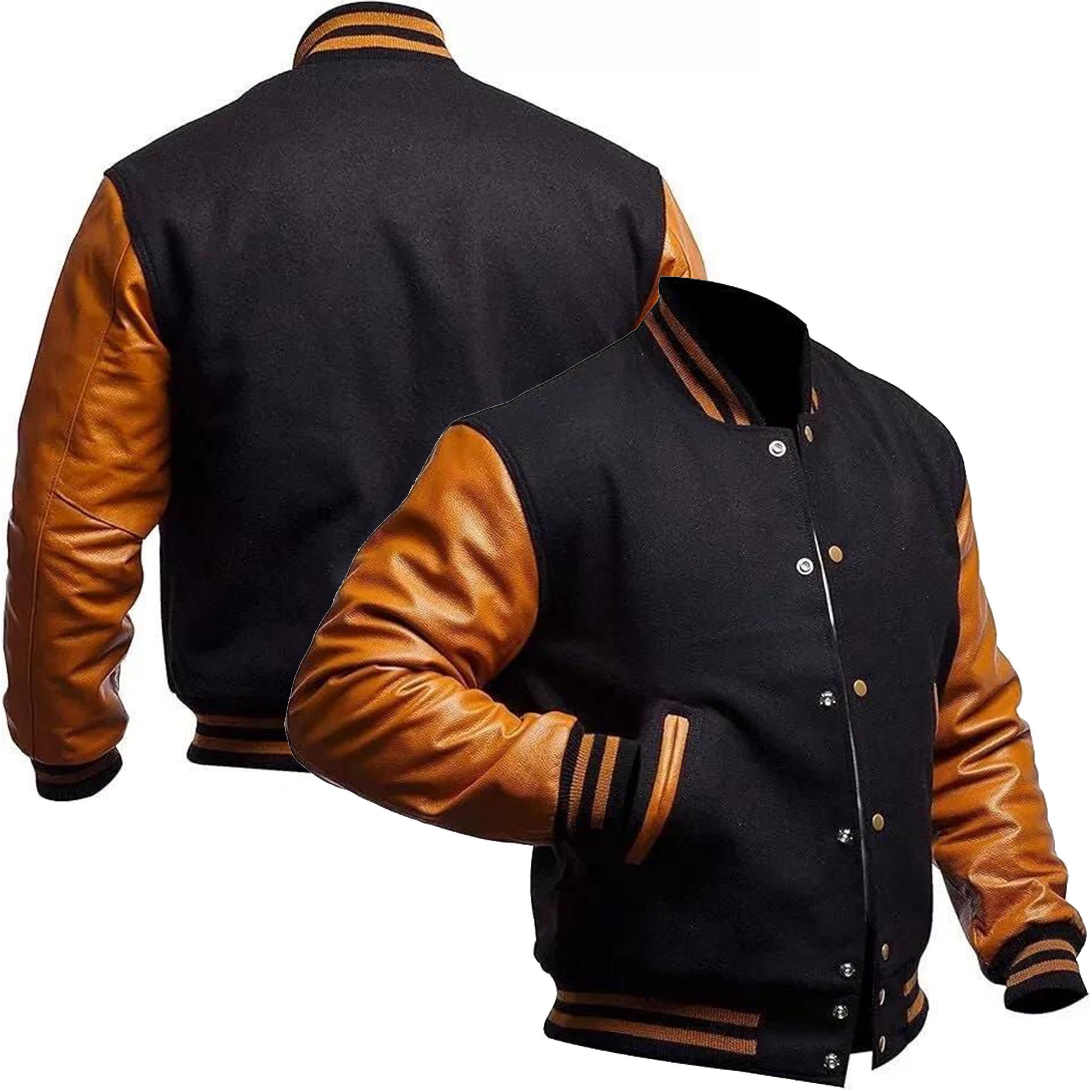 Duazan Men’s Black Wool Varsity Jacket with Brown Leather Sleeves – Classic Letterman Style - Duazan