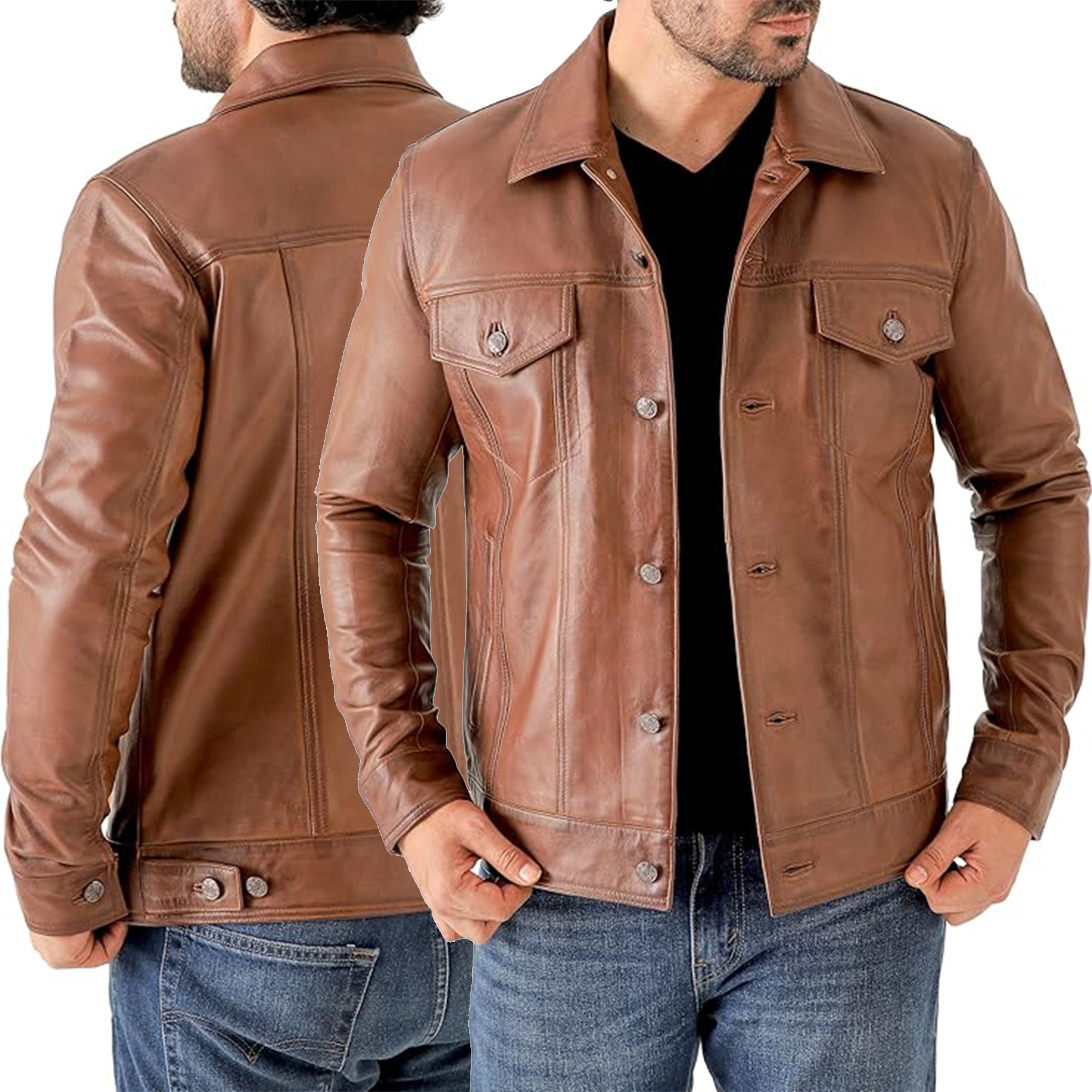 Duazan Men’s Lambskin Leather Trucker Jacket – Premium Genuine Leather - Duazan