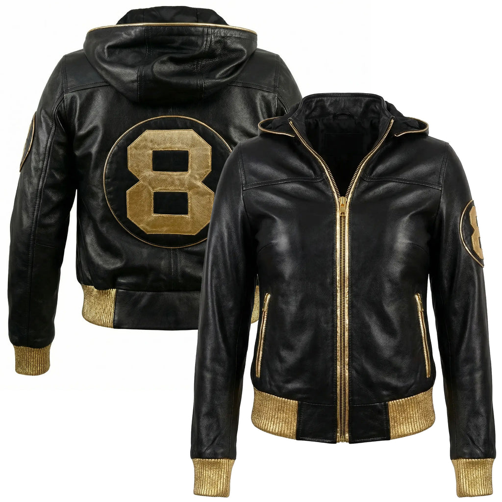 Duazan 8 Ball Hooded Leather Jacket – Black & Gold Edition Mens & Women outerwear