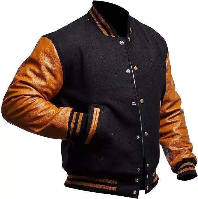 Duazan Men’s Black Wool Varsity Jacket with Brown Leather Sleeves – Classic Letterman Style - Duazan