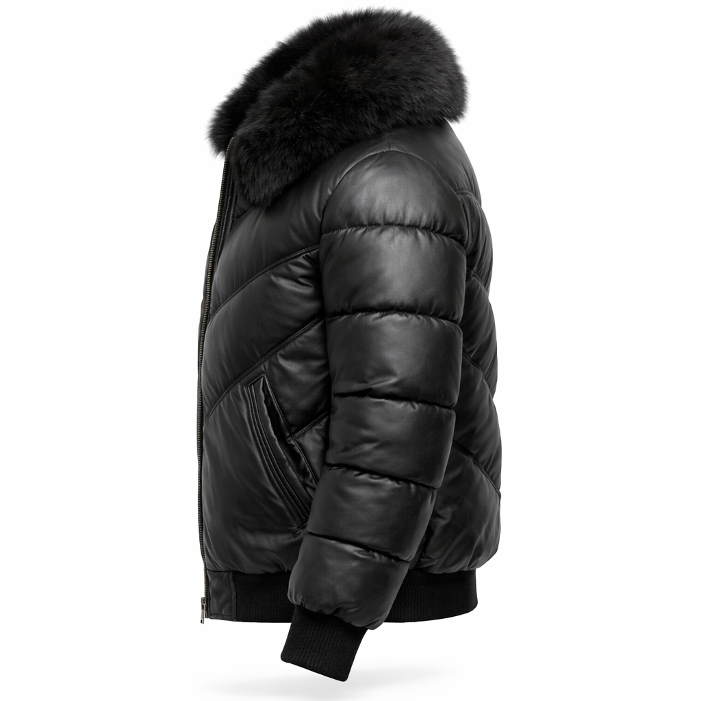 DUAZAN Black Arrows Fur Collar Leather Puffer Jacket Duazan