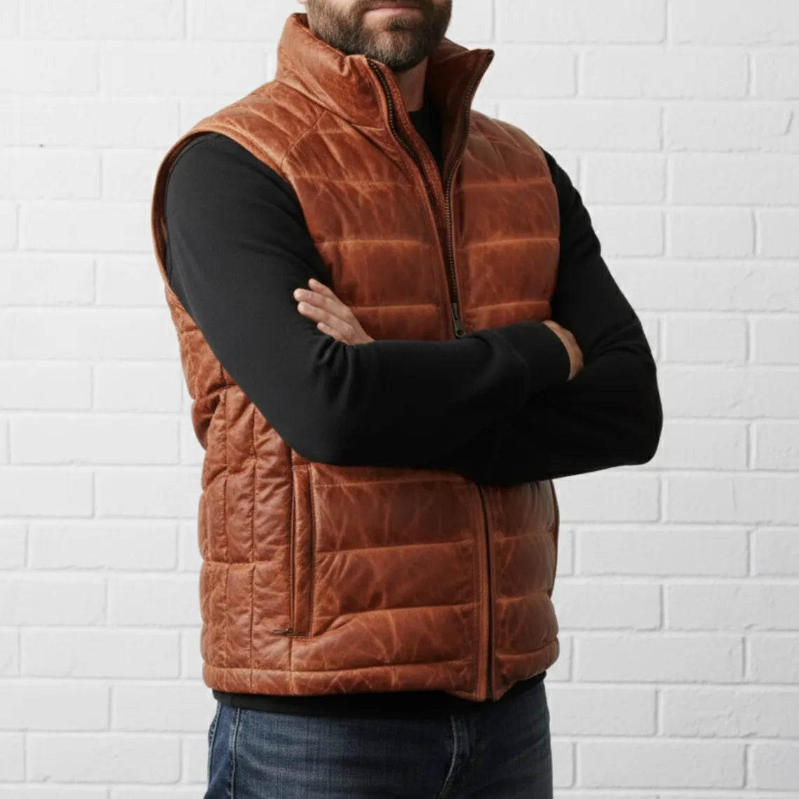 DUAZAN Men’s Cognac Brown Leather Puffer Vest – Premium Quilted Insulated Outerwear