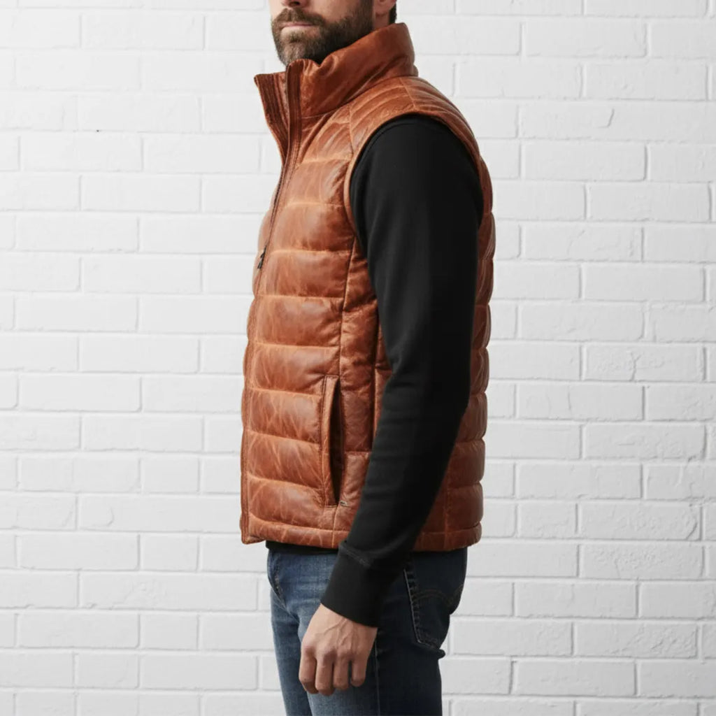 DUAZAN Men’s Cognac Brown Leather Puffer Vest – Premium Quilted Insulated Outerwear