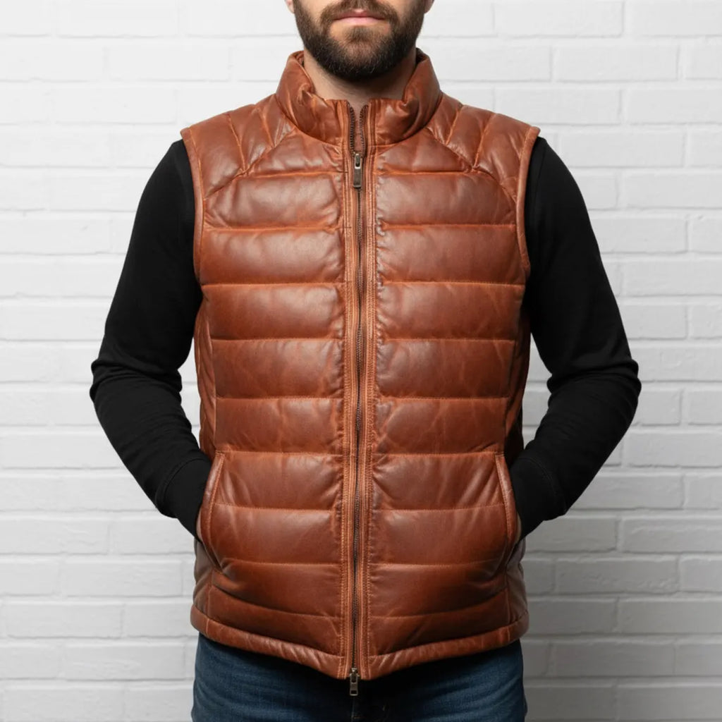 DUAZAN Men’s Cognac Brown Leather Puffer Vest – Premium Quilted Insulated Outerwear