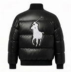 Men’s Black Faux Leather Puffer Jacket with Embroidered Patches Duazan