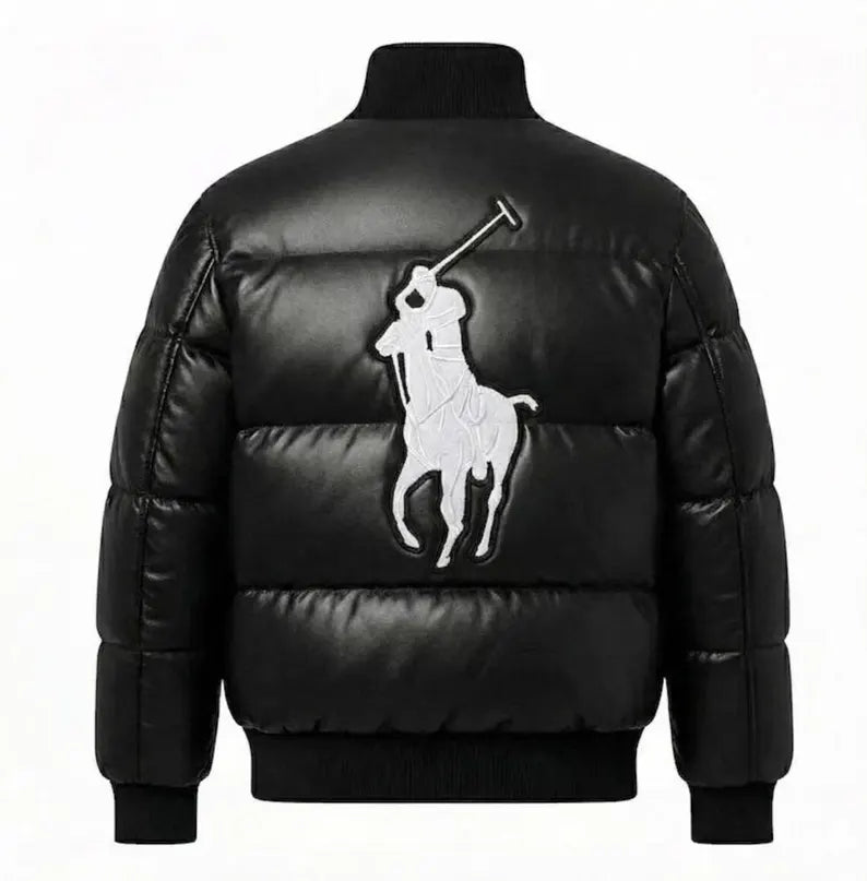 Men’s Black Faux Leather Puffer Jacket with Embroidered Patches Duazan