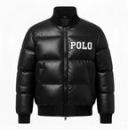 Men’s Black Faux Leather Puffer Jacket with Embroidered Patches Duazan