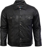 Lambskin Leather Trucker Jacket: Vintage Black Sheepskin jacket - Duazan