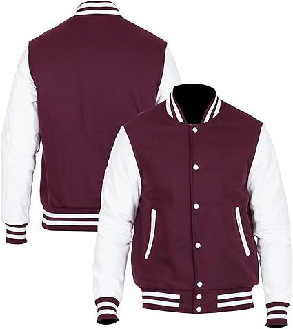 Wool Varsity Jacket: Faux Leather Sleeves, American College Style jacket - Duazan
