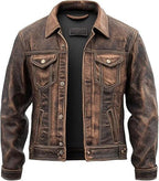 Distressed Real Leather Trucker Jacket: Vintage Biker Style - Duazan