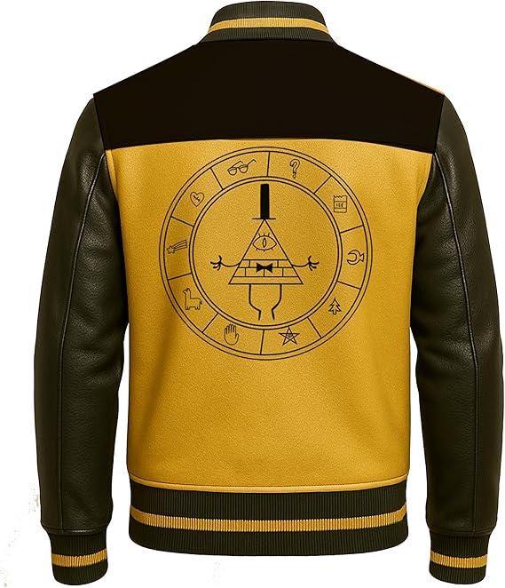 Mystery Triangle Varsity Jacket: Yellow & Black Faux Leather Bomber - Duazan