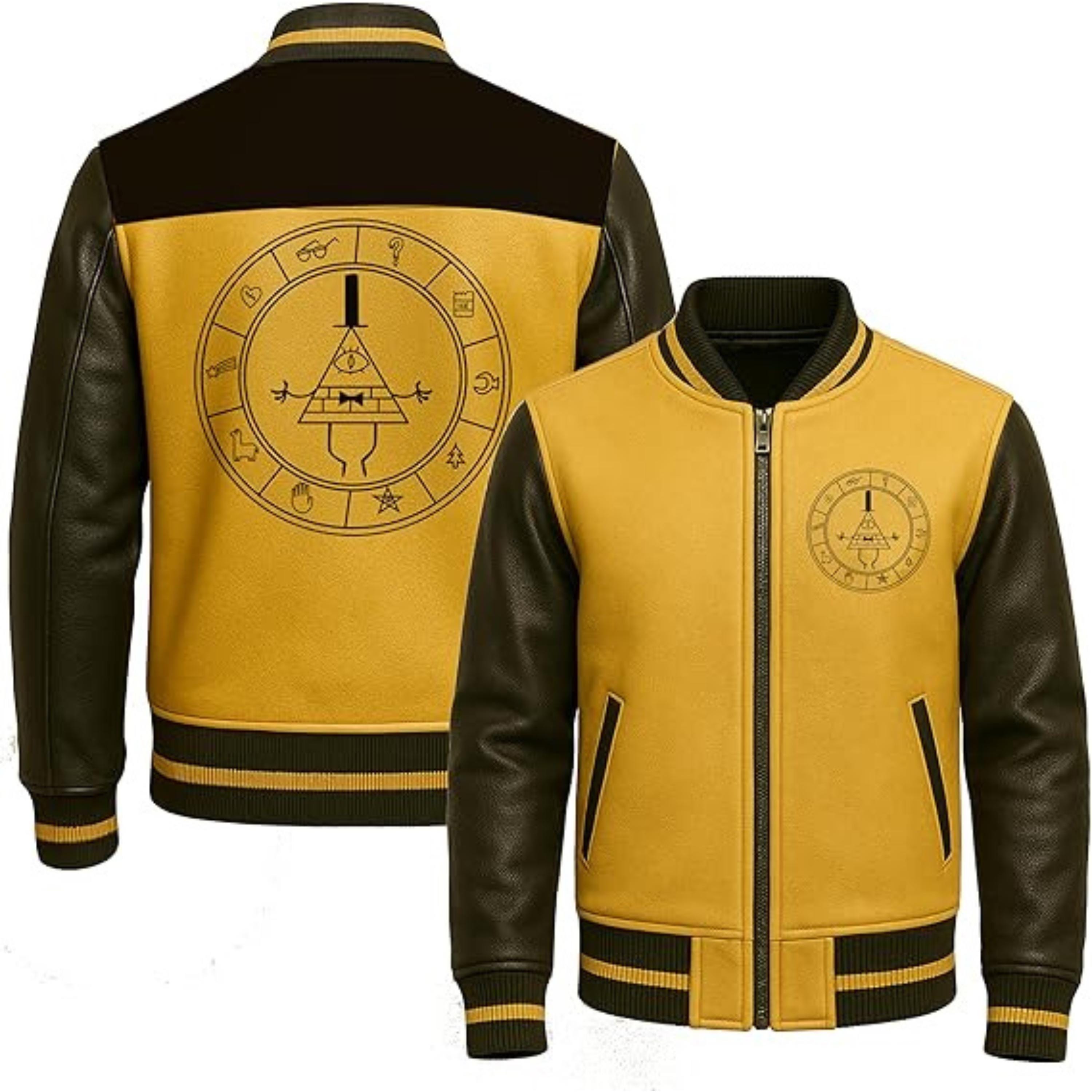 Mystery Triangle Varsity Jacket: Yellow & Black Faux Leather Bomber - Duazan