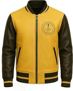 Mystery Triangle Varsity Jacket: Yellow & Black Faux Leather Bomber - Duazan