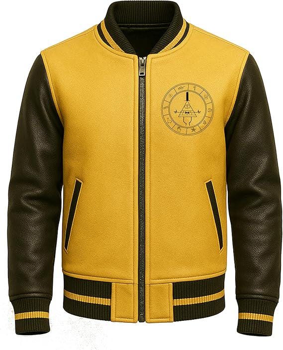 Mystery Triangle Varsity Jacket: Yellow & Black Faux Leather Bomber - Duazan
