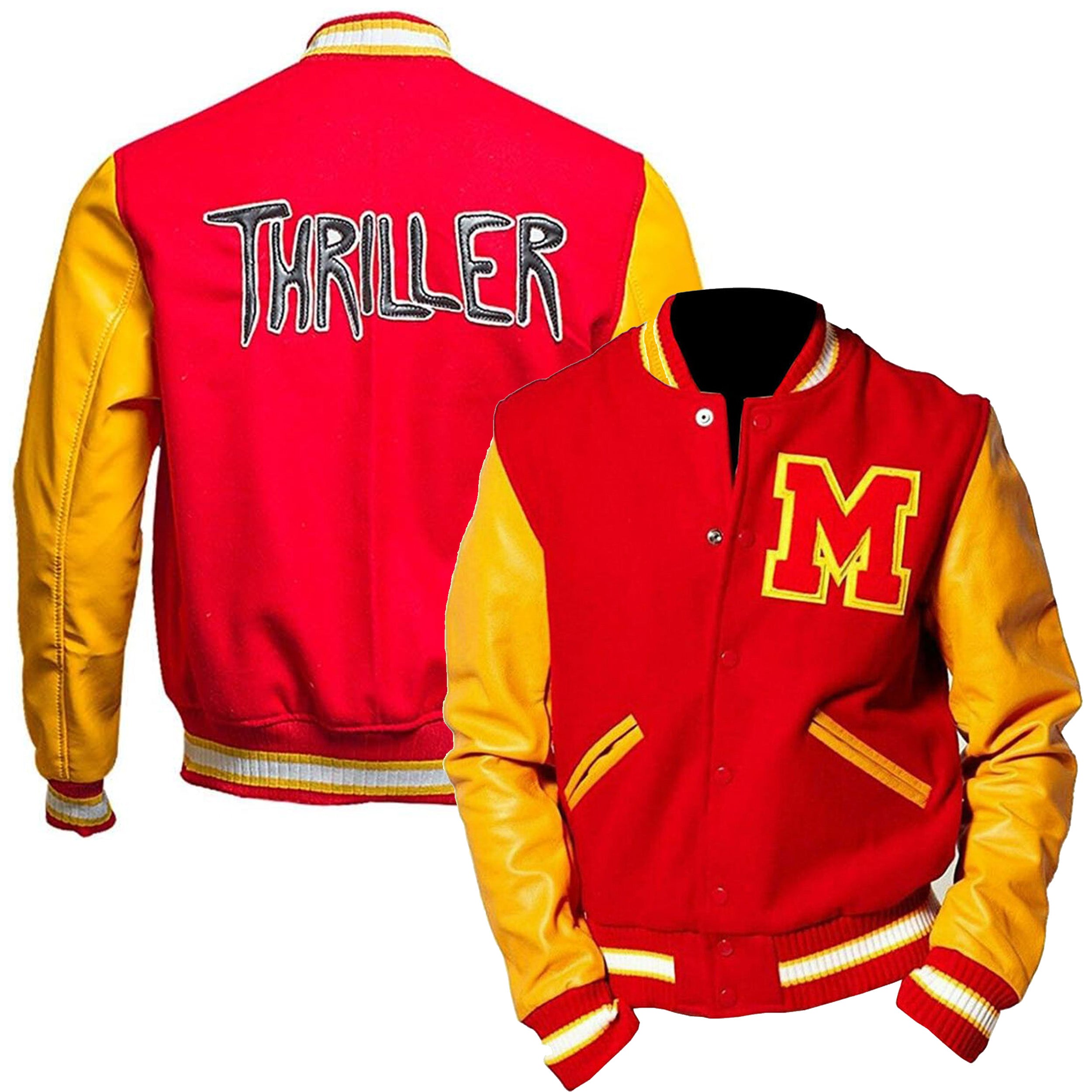 Duazan Thriller MJ Jacket - Red Wool Yellow Leather Varsity Letterman Bomber Jacket - Duazan