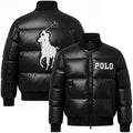 Men’s Black Faux Leather Puffer Jacket with Embroidered Patches Duazan