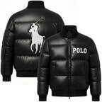 Men’s Black Faux Leather Puffer Jacket with Embroidered Patches Duazan