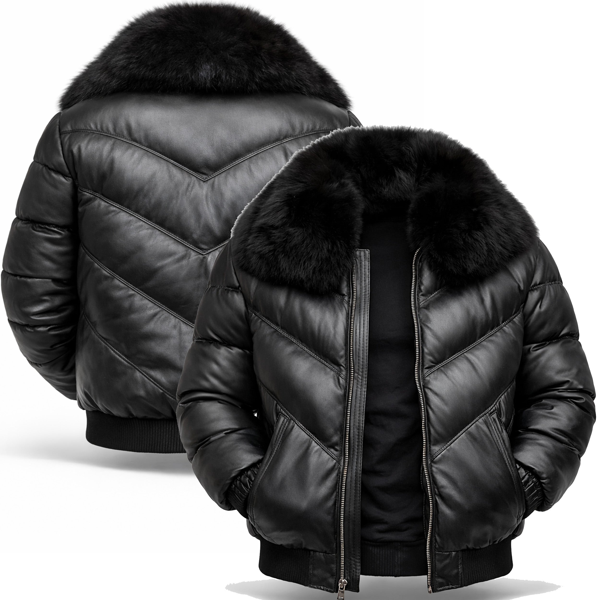 DUAZAN Black Arrows Fur Collar Leather Puffer Jacket Duazan
