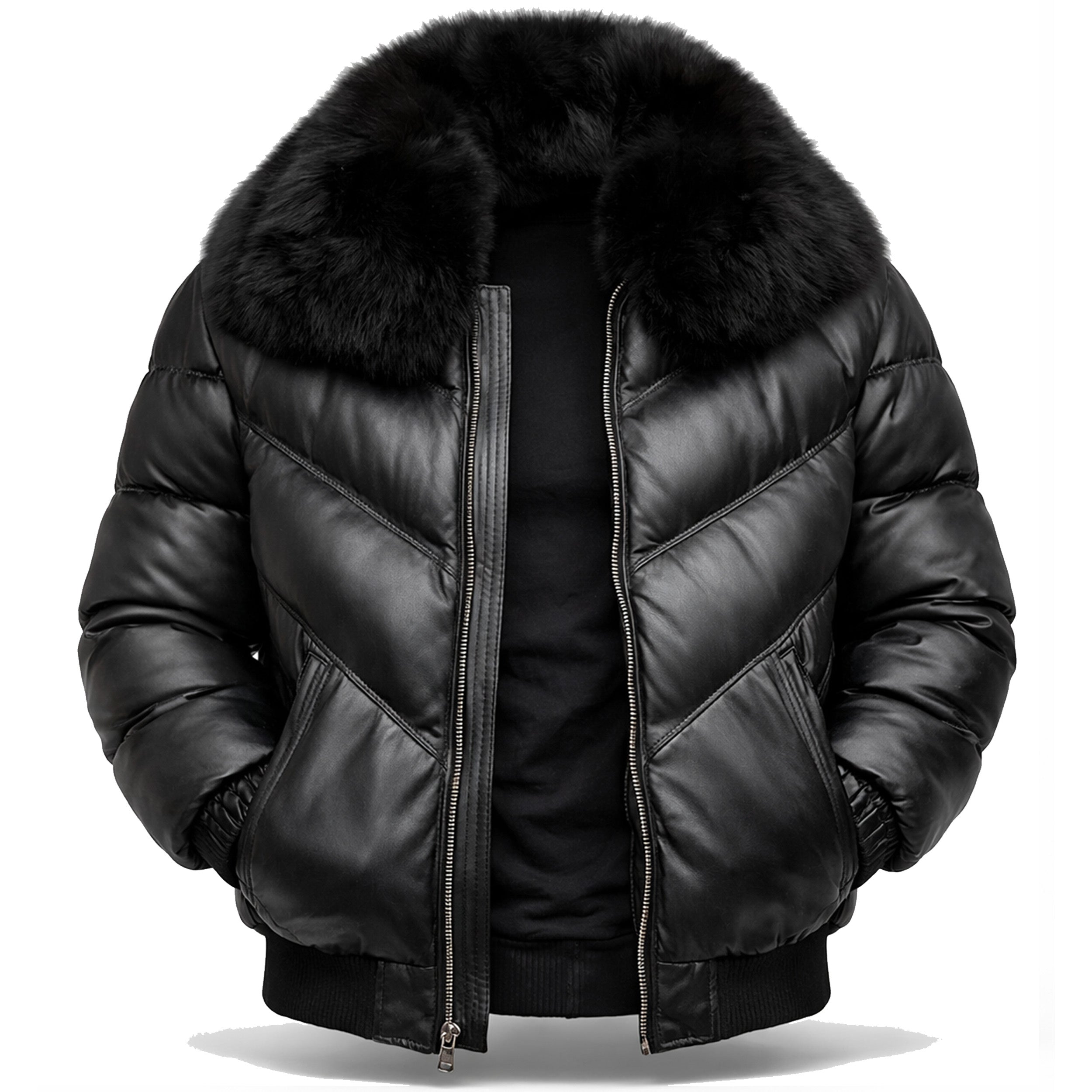 DUAZAN Black Arrows Fur Collar Leather Puffer Jacket Duazan