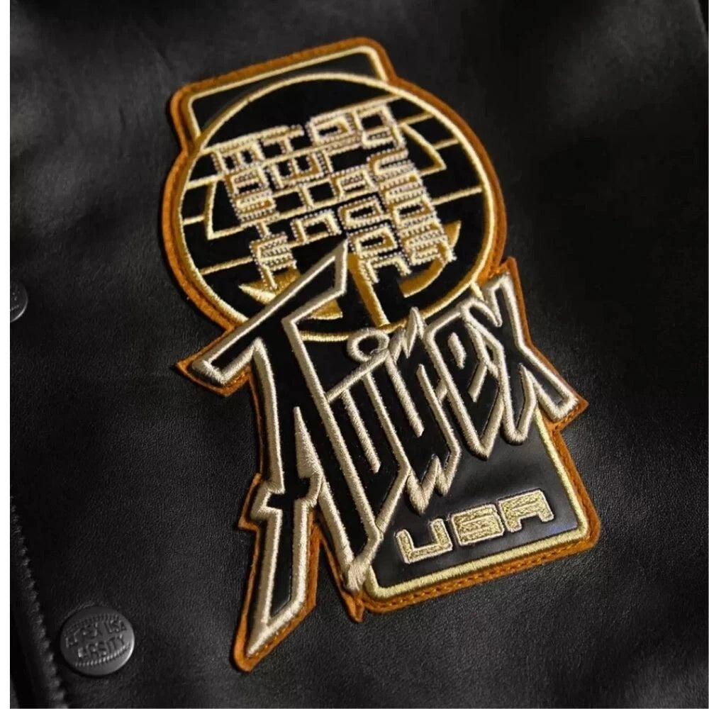 Avirex Black Real Leather Varsity Jacket – Premium Streetwear Style Duazan