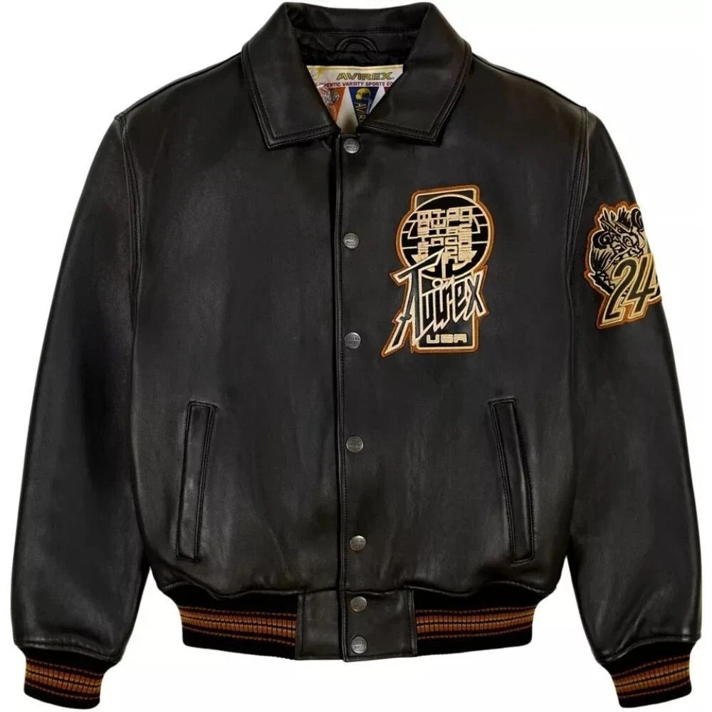 Avirex Black Real Leather Varsity Jacket – Premium Streetwear Style