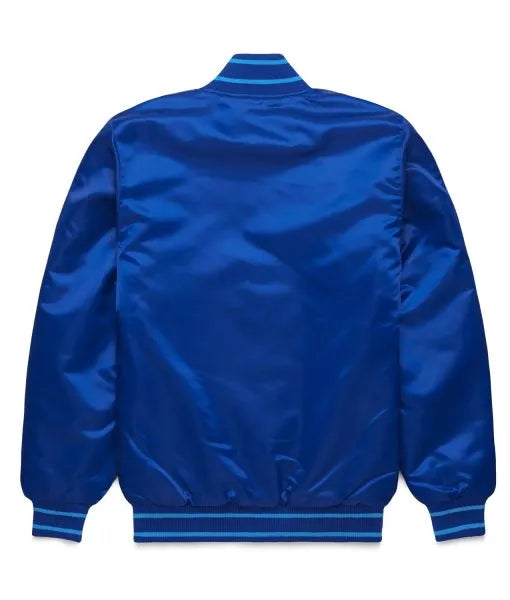 Blue Jay Satin Varsity Jacket – Classic Team Style collage outerwear - Duazan